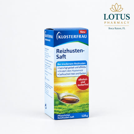 Klosterfrau Reizhusten Saft is a German cough syrup formulated for dry, irritating coughs. It contains a special extract of Iceland moss, which forms a soothing protective film over irritated mucous membranes in the throat and pharynx, helping reduce the urge to cough while adding moisture to dry, irritated tissues.