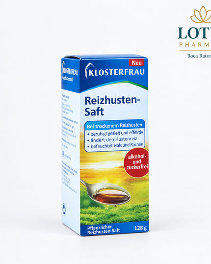Klosterfrau Reizhusten Saft is a German cough syrup formulated for dry, irritating coughs. It contains a special extract of Iceland moss, which forms a soothing protective film over irritated mucous membranes in the throat and pharynx, helping reduce the urge to cough while adding moisture to dry, irritated tissues.