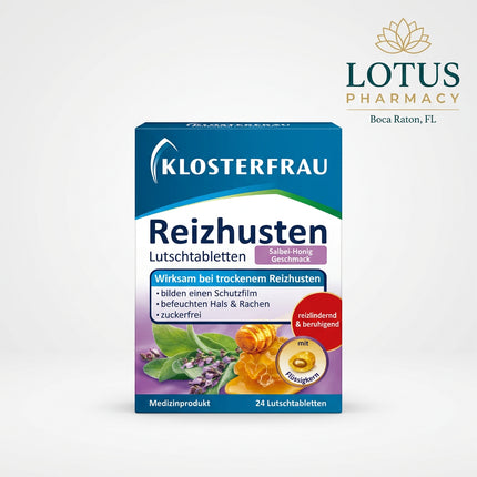 Klosterfrau Reizhusten Sage &amp; Honey Lozenges are a German medical device designed for dry, irritating cough and throat irritation. The formula is based on marshmallow root extract and carrageenan, which help form a soothing protective layer over irritated mucous membranes in the mouth and throat.