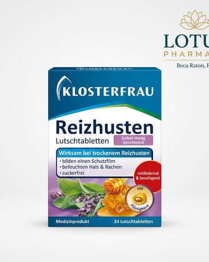 Klosterfrau Reizhusten Sage &amp; Honey Lozenges are a German medical device designed for dry, irritating cough and throat irritation. The formula is based on marshmallow root extract and carrageenan, which help form a soothing protective layer over irritated mucous membranes in the mouth and throat.