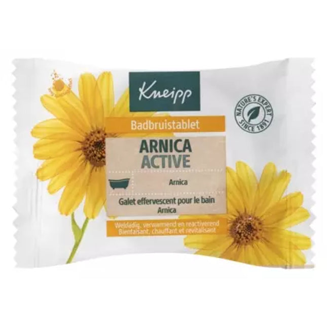 Kneipp® Arnica Effervescent Bath Pebble is a single-use effervescent bath tablet designed to help relax the body after physical activity while providing a soothing and revitalizing bathing experience. Enriched with arnica extractand natural essential oils, it releases mineral salts and aromatic botanical ingredients as it dissolves, helping ease tired muscles, refresh the body, and promote overall well-being. Its skin-friendly formula is free from paraffin, silicones, and mineral oils, and has been dermatol