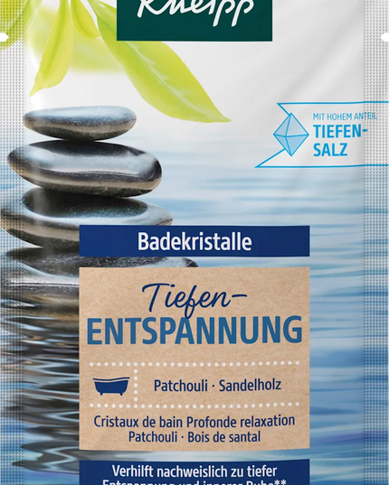 Kneipp® Patchouli &amp; Sandalwood Deep Relaxation Bath Crystals are premium mineral bath salts designed to help calm the body and mind while creating a luxurious spa-like bathing experience. Formulated with natural patchouli essential oil and precious sandalwood extract, these aromatic bath crystals promote deep relaxation and inner peace. The crystals are made with natural thermal spring salt from the ancient Luisenhall Saltworks in Germany, naturally rich in minerals and trace elements that help leave th