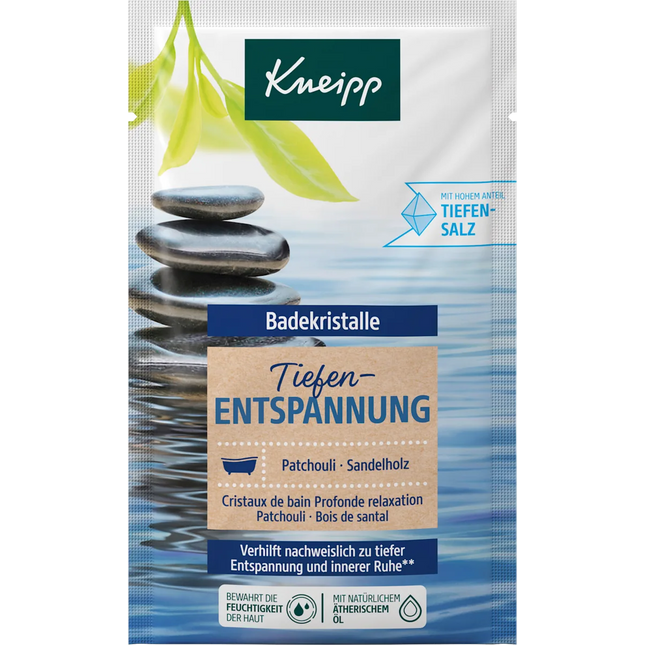 Kneipp® Patchouli &amp; Sandalwood Deep Relaxation Bath Crystals are premium mineral bath salts designed to help calm the body and mind while creating a luxurious spa-like bathing experience. Formulated with natural patchouli essential oil and precious sandalwood extract, these aromatic bath crystals promote deep relaxation and inner peace. The crystals are made with natural thermal spring salt from the ancient Luisenhall Saltworks in Germany, naturally rich in minerals and trace elements that help leave th