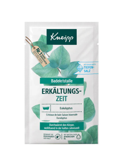 Kneipp® Eucalyptus Cold Season Bath Crystals are mineral-rich bath salts formulated with natural eucalyptus essential oil to provide a warming and refreshing bath experience during the cold season. Made with pure thermal spring salt sourced from the ancient Luisenhall Saltworks in Germany, these bath crystals dissolve completely in warm water, releasing the invigorating aroma of eucalyptus to help refresh the senses while leaving the skin feeling soft and smooth. The vegan formula is free from paraffin, sil