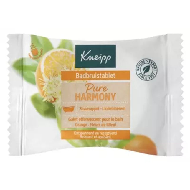 Kneipp® Bulle d'Harmonie Bath Pebble is a luxurious single-use effervescent bath tablet designed to transform your bath into a soothing aromatherapy experience. Infused with natural orange essential oil and linden flower extract, it creates a fragrant, relaxing bath that helps promote a sense of inner harmony and well-being. As the bath pebble dissolves, it releases nourishing botanical ingredients that leave the skin feeling soft, refreshed, and delicately scented. The formula is free from paraffin, silico