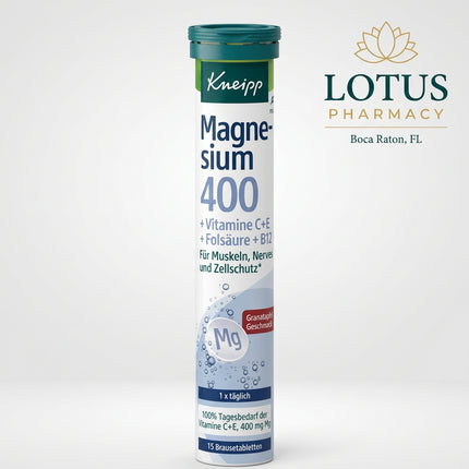Kneipp Magnesium 400 + Vitamins C &amp; E is a German dietary supplement formulated to support normal muscle function, nervous system function, and antioxidant protection. Each effervescent tablet provides 400 mg magnesium, 80 mg vitamin C, and 12 mg vitamin E.