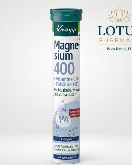 Kneipp Magnesium 400 + Vitamins C &amp; E is a German dietary supplement formulated to support normal muscle function, nervous system function, and antioxidant protection. Each effervescent tablet provides 400 mg magnesium, 80 mg vitamin C, and 12 mg vitamin E.