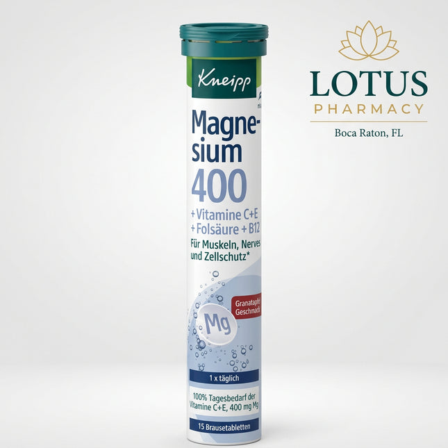 Kneipp Magnesium 400 + Vitamins C &amp; E is a German dietary supplement formulated to support normal muscle function, nervous system function, and antioxidant protection. Each effervescent tablet provides 400 mg magnesium, 80 mg vitamin C, and 12 mg vitamin E.