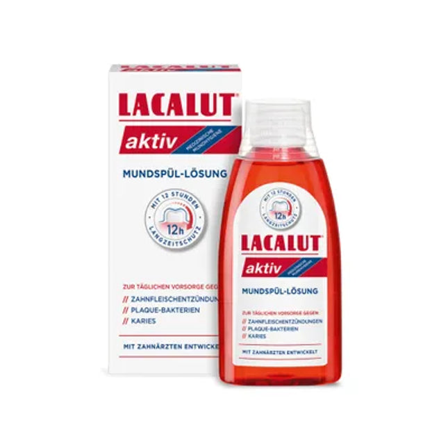Lacalut mouthwash bottle and packaging on a white background