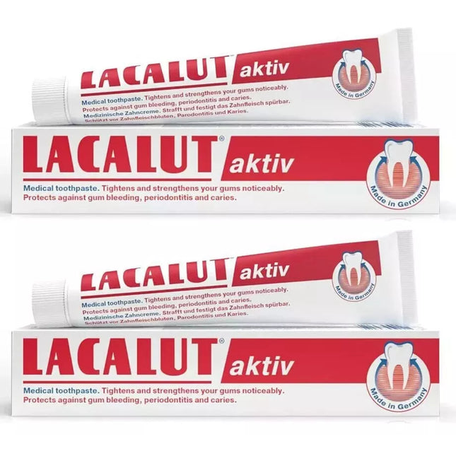 Four tubes of Lacalut aktiv toothpaste on a white background