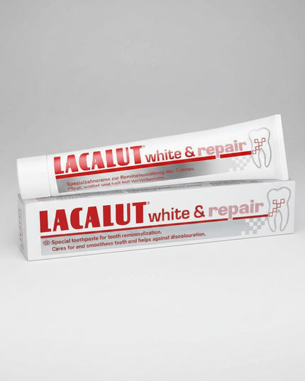LACALUT® White & Repair is a specialized toothpaste designed for&nbsp;tooth remineralization, enamel smoothing, and whitening care. Daily exposure to acids and bacteria can weaken the mineral structure of tooth enamel; this advanced formula helps restore and protect enamel while gently reducing discoloration.