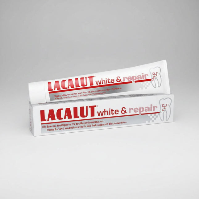 LACALUT® White & Repair is a specialized toothpaste designed for&nbsp;tooth remineralization, enamel smoothing, and whitening care. Daily exposure to acids and bacteria can weaken the mineral structure of tooth enamel; this advanced formula helps restore and protect enamel while gently reducing discoloration.