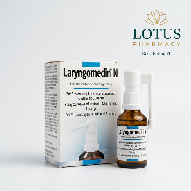 Laryngomedin N Spray is a German antiseptic medicine containing hexamidine diisethionate 1 mg per gram of spray. It is used as supportive treatment for bacterial inflammation of the mucous membranes of the mouth and throat, including irritated, inflamed throat and oral tissues.
