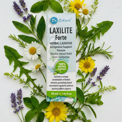 Laxilite Forte herbal laxative packaging surrounded by various herbs and flowers on a white background
