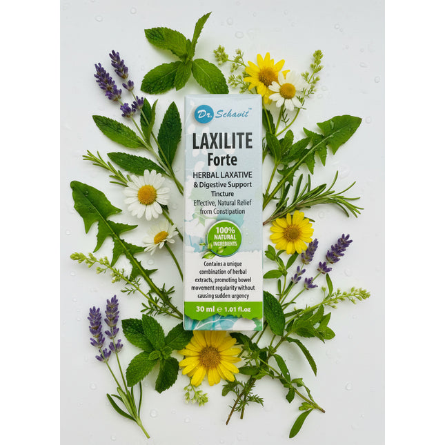 Laxilite Forte herbal laxative packaging surrounded by various herbs and flowers on a white background