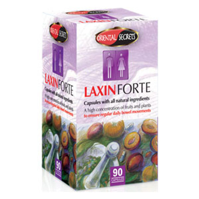 Box of Laxin Forte capsules with colorful packaging on a white background