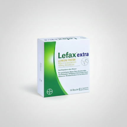 Lefax Extra Lemon Fresh is a German digestive relief product containing simethicone 125 mg per sachet. It is used for the symptomatic relief of gas-related gastrointestinal discomfort such as bloating, trapped gas, abdominal pressure, fullness, and gas-related cramps. The micro-granules dissolve directly on the tongue and can be taken without water.