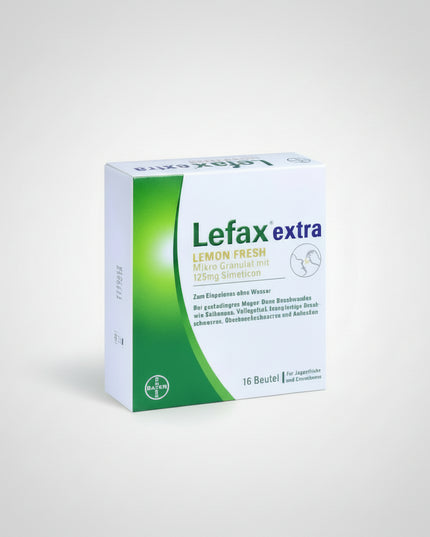 Lefax Extra Lemon Fresh is a German digestive relief product containing simethicone 125 mg per sachet. It is used for the symptomatic relief of gas-related gastrointestinal discomfort such as bloating, trapped gas, abdominal pressure, fullness, and gas-related cramps. The micro-granules dissolve directly on the tongue and can be taken without water.