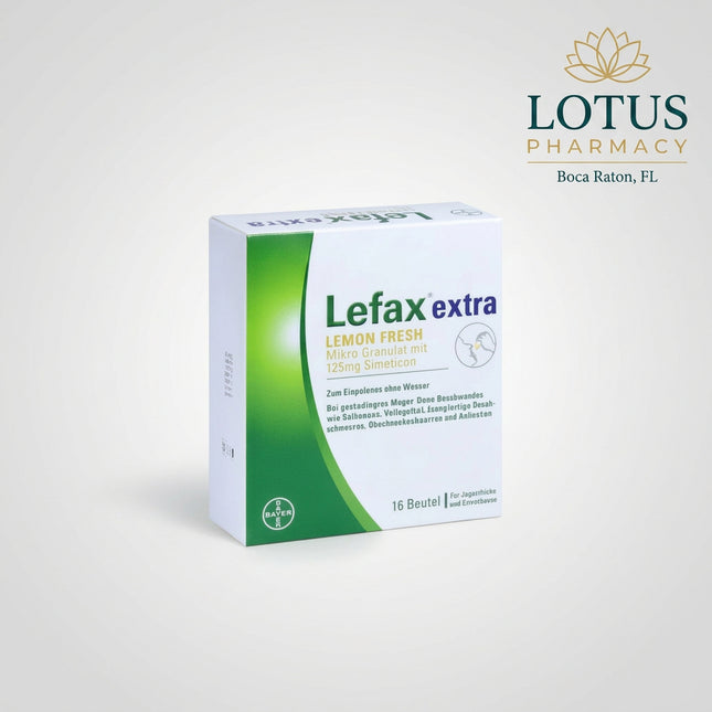 Lefax Extra Lemon Fresh is a German digestive relief product containing simethicone 125 mg per sachet. It is used for the symptomatic relief of gas-related gastrointestinal discomfort such as bloating, trapped gas, abdominal pressure, fullness, and gas-related cramps. The micro-granules dissolve directly on the tongue and can be taken without water.