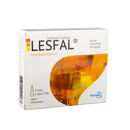 LESFAL hepatoprotector packaging with orange liquid illustration on a white background