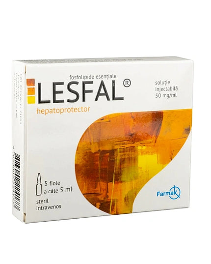 LESFAL hepatoprotector packaging with orange liquid illustration on a white background