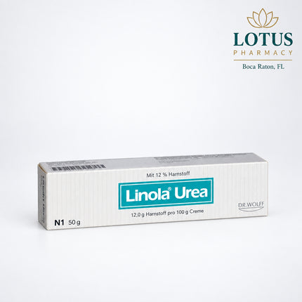 Linola Urea Cream is a German medicated moisturizer containing 12% urea (120 mg/g) for the treatment of dry, rough, and scaly skin. It is used for dry skin conditions such as neurodermatitis-related dryness, age-related dry skin, and ichthyosis.