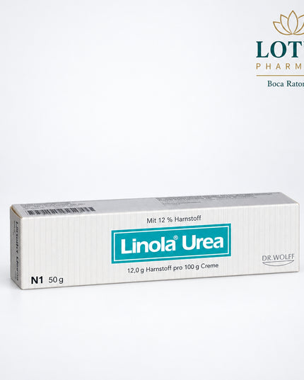 Linola Urea Cream is a German medicated moisturizer containing 12% urea (120 mg/g) for the treatment of dry, rough, and scaly skin. It is used for dry skin conditions such as neurodermatitis-related dryness, age-related dry skin, and ichthyosis.