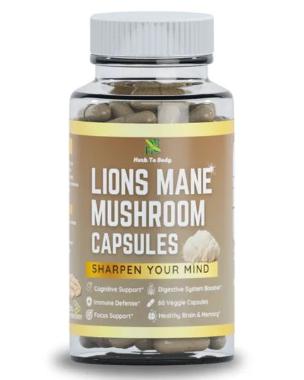 Bottle of Lions Mane Mushroom Capsules with a white background