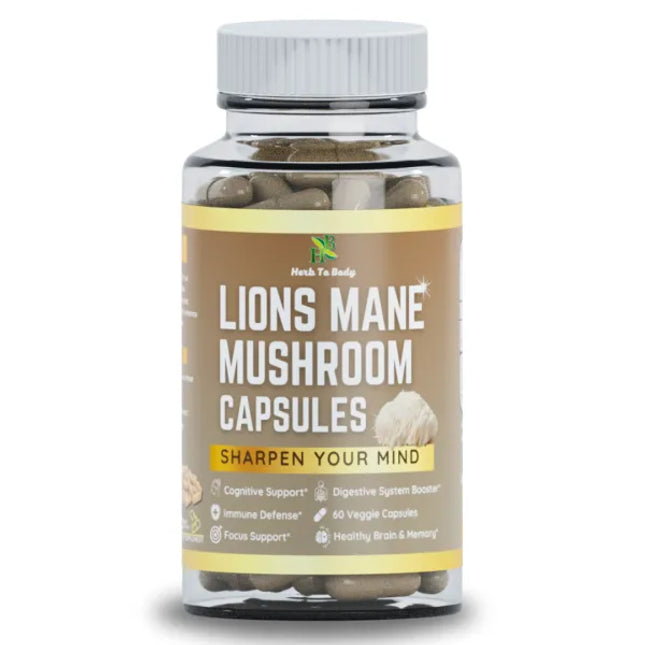 Bottle of Lions Mane Mushroom Capsules with a white background