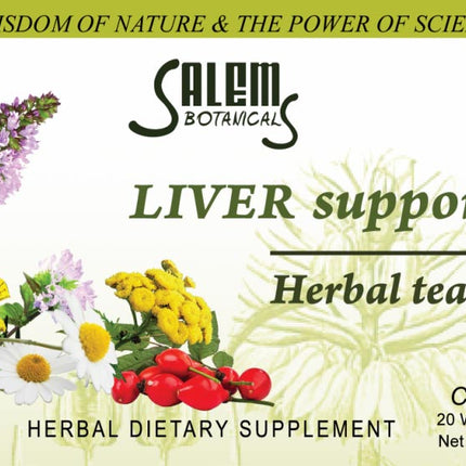 Salem Botanicals Liver Support Herbal Tea packaging with herbs and flowers on a light green background.