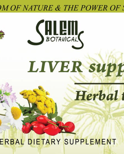 Salem Botanicals Liver Support Herbal Tea packaging with herbs and flowers on a light green background.