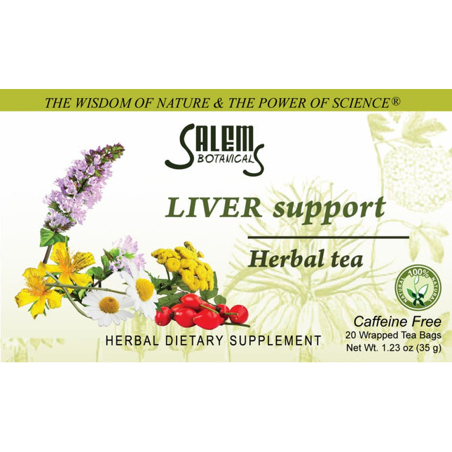Salem Botanicals Liver Support Herbal Tea packaging with herbs and flowers on a light green background.