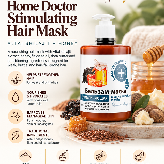 Lotus Pharmacy flyer featuring Home Doctor Stimulating Hair Mask with Altai Shilajit and Honey, a conditioning treatment for weak, dry and brittle hair.