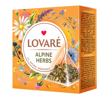 Lovare Alpine Herbs packaging with herbs and flowers on an orange background