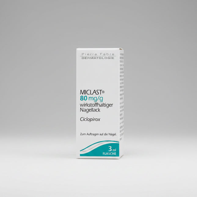 MICLAST® 80 mg/g Medicated Nail Lacquer is a topical antifungal medication containing ciclopirox 8%, indicated for the first-line treatment of mild to moderate fungal nail infections (onychomycosis) affecting fingernails and toenails without involvement of the nail matrix. Ciclopirox penetrates the nail plate, helping eliminate dermatophytes, yeasts, molds, and certain bacteria associated with nail infections. The water-resistant lacquer forms a transparent film that delivers the active ingredient directly 