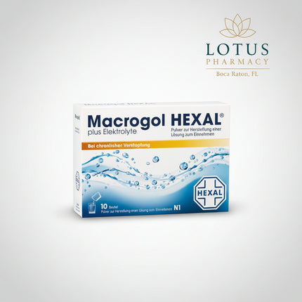 Macrogol HEXAL® Plus Electrolytes is an&nbsp;osmotic laxative used to support relief from constipation and for bowel cleansing when recommended by a healthcare professional. The formula combines macrogol (polyethylene glycol)with electrolytes to help soften stools and promote regular bowel movements while supporting electrolyte balance.