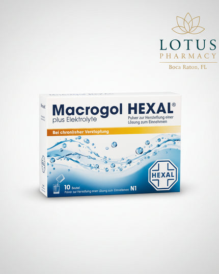 Macrogol HEXAL® Plus Electrolytes is an&nbsp;osmotic laxative used to support relief from constipation and for bowel cleansing when recommended by a healthcare professional. The formula combines macrogol (polyethylene glycol)with electrolytes to help soften stools and promote regular bowel movements while supporting electrolyte balance.