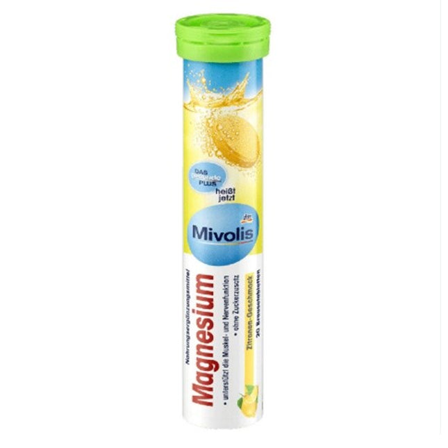 Mivolis magnesium supplement tube with lemon flavor on a white background