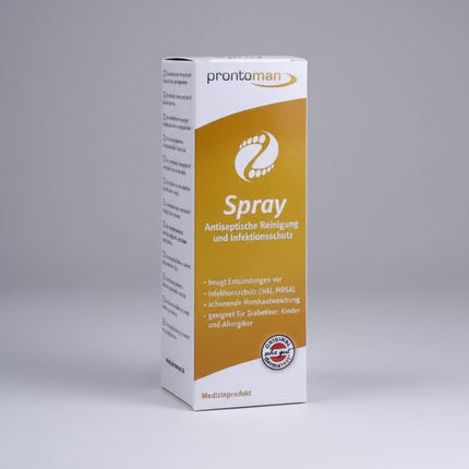 Maintain healthy, hygienic feet with PRONTOMAN® Foot Care Spray. This alcohol-free spray is specially developed for the hygienic cleansing and care of the skin and nails. It helps reduce microorganisms on the skin, supports the skin's natural regeneration, and gently softens hardened skin without causing irritation.

Suitable for daily use, PRONTOMAN® Foot Care Spray is ideal for people with sensitive feet, including diabetics and allergy sufferers. It provides effective hygiene while helping minimize foot 