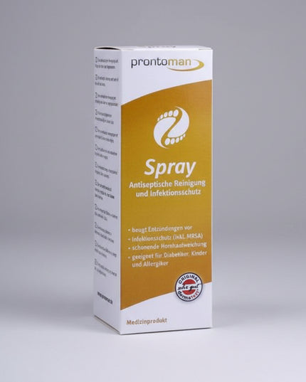 Maintain healthy, hygienic feet with PRONTOMAN® Foot Care Spray. This alcohol-free spray is specially developed for the hygienic cleansing and care of the skin and nails. It helps reduce microorganisms on the skin, supports the skin's natural regeneration, and gently softens hardened skin without causing irritation.

Suitable for daily use, PRONTOMAN® Foot Care Spray is ideal for people with sensitive feet, including diabetics and allergy sufferers. It provides effective hygiene while helping minimize foot 