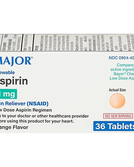Major Aspirin, Chewable Aspirin, Aspirin 81 mg, Low Dose Aspirin, Orange Flavor Aspirin, Chewable Tablets, Pain Reliever, NSAID, Adult Aspirin, Minor Pain Relief, Headache Relief, Toothache Relief, Muscle Pain Relief, Low Strength Aspirin, Daily Aspirin Regimen, Heart Health Support, Family Wellness, Aspirin 36 Tablets, Orange Chewable Aspirin, First Aid, Аспирин, Жевательный Аспирин, Аспирин 81 мг, Низкодозированный Аспирин, Обезболивающее, НПВС, Головная Боль, Зубная Боль, Боль В Мышцах, Поддержка Сердца,