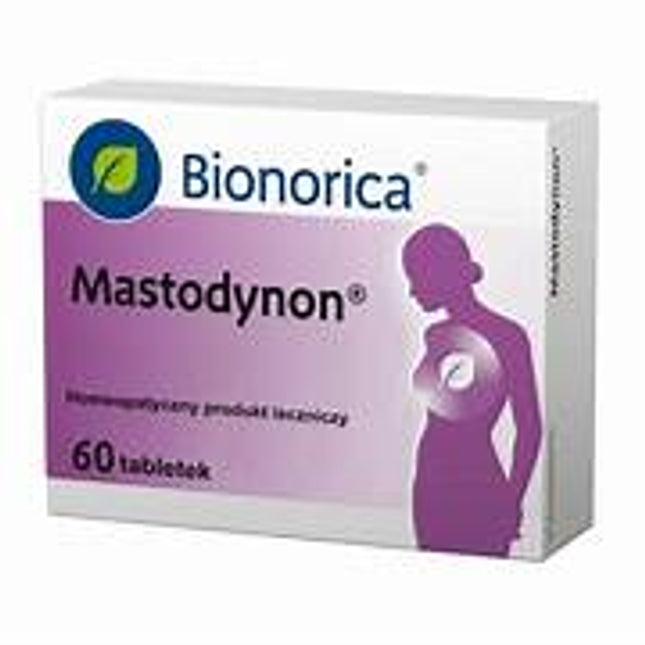 A box of Bionorica Mastodynon tablets, with the product name prominently displayed on the front. The packaging is purple and white.