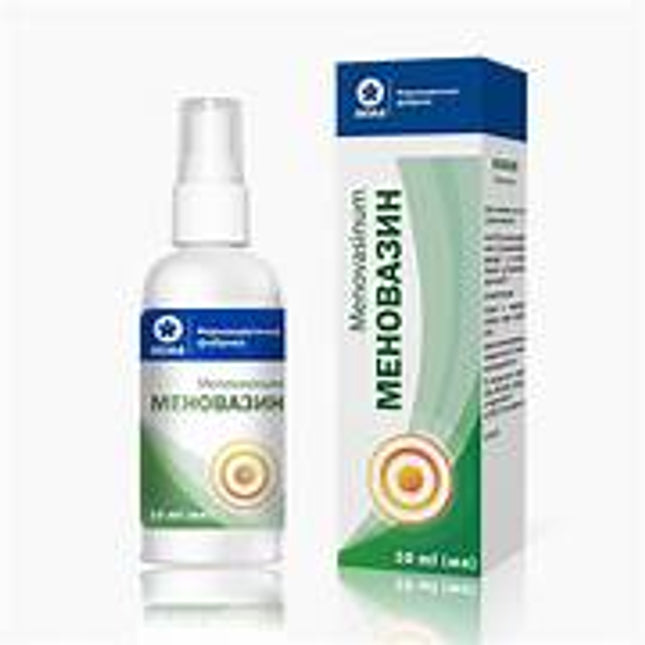 Spray bottle and box labeled 'MENOBAZIN' on a white background