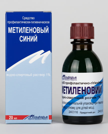 Methylene Blue Solution contains methylthioninium chloride (methylene blue), a blue-colored medicinal solution used for its antiseptic and bacteriostatic properties in topical applications and sometimes for medicinal rinses in urological contexts.