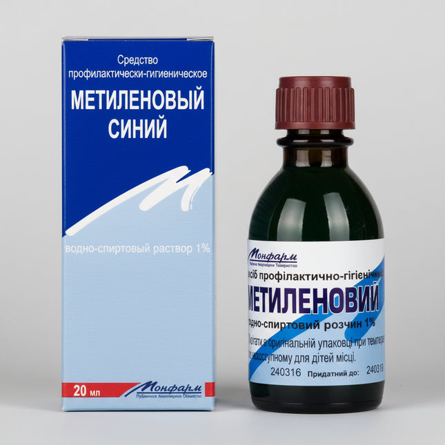 Methylene Blue Solution contains methylthioninium chloride (methylene blue), a blue-colored medicinal solution used for its antiseptic and bacteriostatic properties in topical applications and sometimes for medicinal rinses in urological contexts.