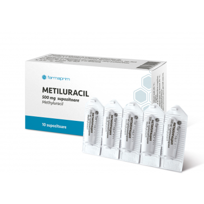 Box of Metiluracil suppositories with multiple packets on a white background