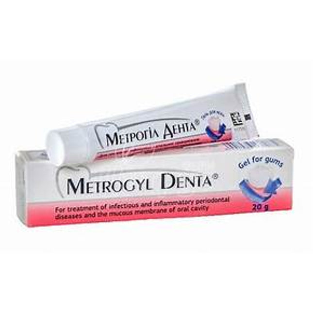Metrogyl Denta gel packaging on a white background