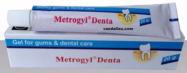 Metrogyl Denta dental care gel packaging on a white background