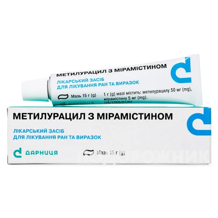 Metyluracil with Miramistin-Darnitsa is a topical combination ointment that supports wound healing while providing broad-spectrum antimicrobial protection. The formula combines methyluracil, known for its regenerative and anti-inflammatory properties, with miramistin, a potent antiseptic active against various bacteria and fungi.