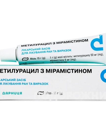 Metyluracil with Miramistin-Darnitsa is a topical combination ointment that supports wound healing while providing broad-spectrum antimicrobial protection. The formula combines methyluracil, known for its regenerative and anti-inflammatory properties, with miramistin, a potent antiseptic active against various bacteria and fungi.